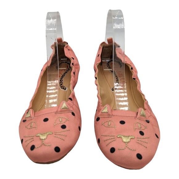 Charlotte Olympia Kitty Ballet Flats Pink Satin Black Polka Dot Cat Face 9.5 - Picture 1 of 11
